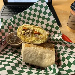 Breakfast burrito and oat milk cappuccino