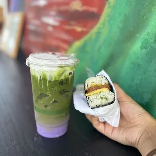 Matcha latte with cold foam and ube