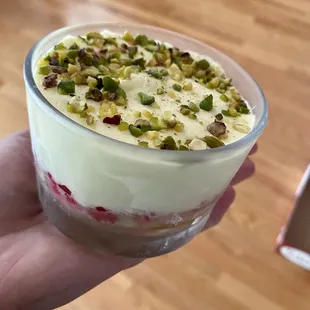 Pistachio and berry Parfait in freezer