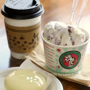 Key lime cheesecake ($3.49), double ice cream cup ($4.50) with blueberry cheesecake and iced latte-da, small americano ($2.49)