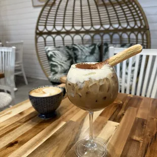 Cappuccino with almond milk and tiramisu latte