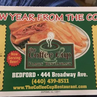 Location, phone number and website.  Coffee Cup now serves beer too.