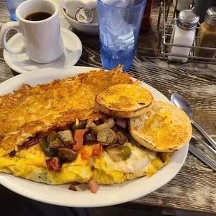 Everything Omelette, hash browns and English muffin.
