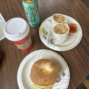 Breakfast sandwich, breakfast burrito, peppermint white mocha, and an arizona tea