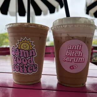 Left iced vanilla latte and right iced vanilla latte with oat milk and sweet cream foam