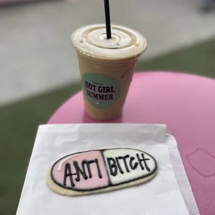 Iced latte and pill cookie