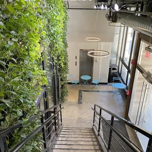a staircase leading to a coffee shop