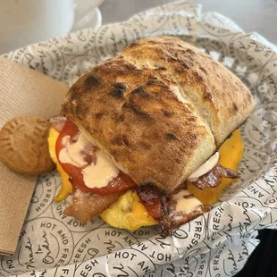 Bacon, egg, cheddar cheese, spicy aioli on ciabatta
