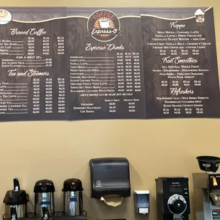 menu and coffee machines