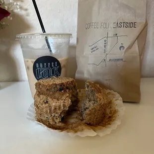 Burnt sugar and pink salt latte with a cranberry muffin