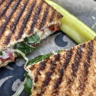 Chicken panini with a bite out of it. Surprised I paused for the photo, it was that good!!!