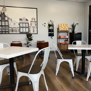 tables and chairs in a coffee shop