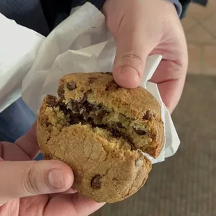 a person holding a chocolate chip cookie
