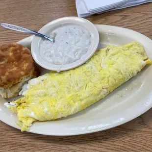 Ham Omelette: 3 eggs, 4 oz. of diced ham and 2 slices of cheese with biscuit. Side order of gravy.