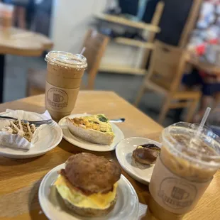Gluten Free Signature Breakfast Sandwich Gluten Free Quiche Slice Iced Latte Iced Caramel Macchiato