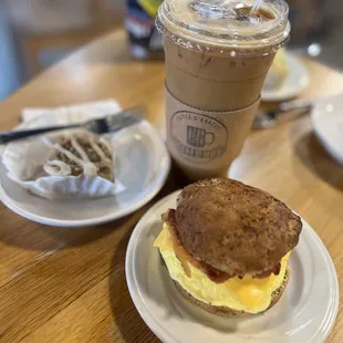 Coffe Gluten Free and Vegan Coffee Cake, Gluten Free Signature Breakfast Sandwich, Iced Caramel Macchiato