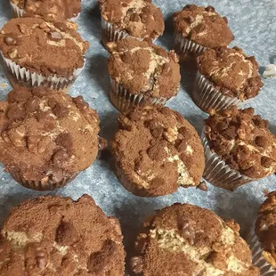 a tray of muffins on a table