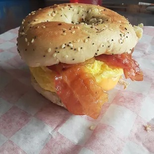 Bacon Egg and Cheese on an Everything Bagel only $4.00!