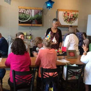 We partner with the community restaurant One Bistro.  You can have a quality lunch and phenomenal coffee with it!