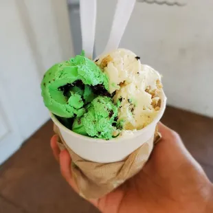 Minty cookie and cookie dough ice cream