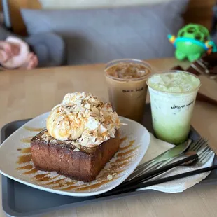 Caramel Almond Honey Toast, Black Sugar Latte w/ oat milk, &amp; Matcha latte