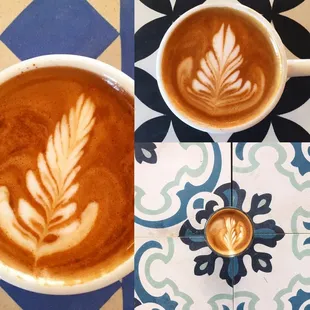 a cup of coffee with a leaf design