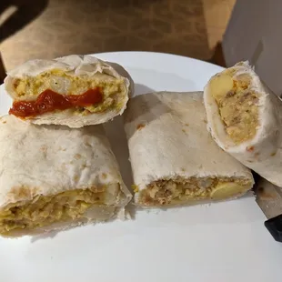 Bacon breakfast burrito and spicy sausage burrito