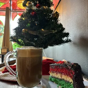 Almond milk hot latte and Rainbow Cake