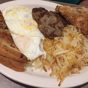 Two Eggs with Choice of Meat and Potato, Toast and Beverage