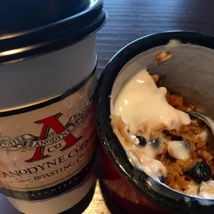 Honey bee latte and oatmeal bake with fresh blueberries/yogurt