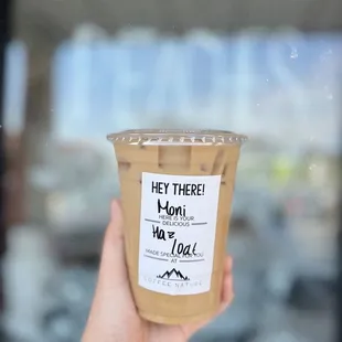 iced hazelnut latte with oat milk!