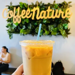 a hand holding a cup of iced coffee