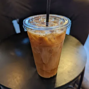 Iced coffee with sugar free vanilla and half and half.