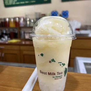 Honey Lychee Green tea slushee with lychee jelly