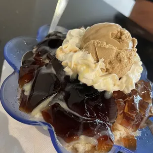 Coffee jelly dessert topped with coffee ice cream #2,   $8.00 December 2023.  My favorite!!!