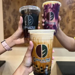 wintermelon tea, brown sugar milk tea with boba, papaya milk with ube walls