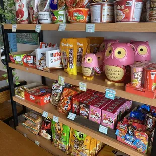 a shelf full of snacks