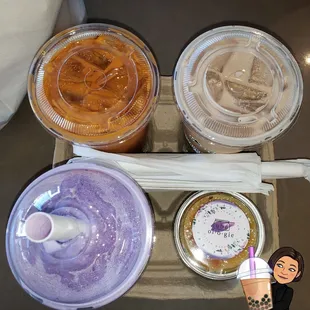 Afterschool sweets!  Ube shake w boba, thai tea w boba, classic MT w boba &amp; coffee jelly and ube brûlée