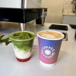 strawberry matcha latte, orange blossom cardamom latte