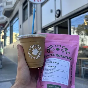 Iced coffee and espresso beans