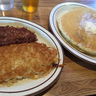 Corned beef hash. Hash brown. Pancakes.