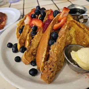 French Toast with Strawberries &amp; Blueberries (extra). Swapped out regular syrup for &apos;Real Maple Syrup&apos; (extra) and Bacon on the side. Yumm.
