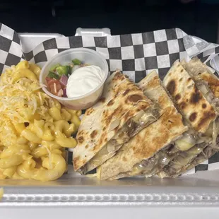 Carne asada quesadilla with Mac