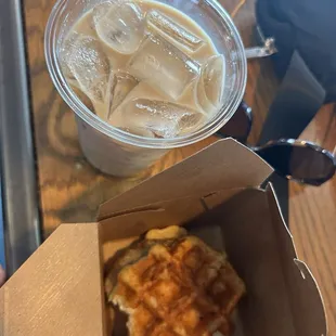 Sausage And Egg On A Maple Waffle Strawberry Chai Latte