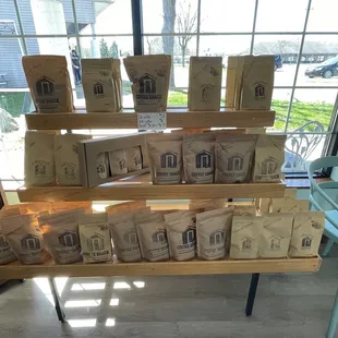 Coffee bags with ground and whole beans from roaster in Heath, Ohio