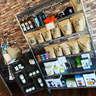 Retail shelf with Fresh roasted coffee.