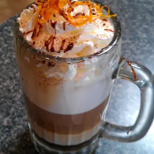 Borgia Coffee with orange peel shavings on top. Very refreshing.