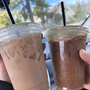Left: Butter pecan flavored latte w/ soy milk (decaf)  Right: Caramel macchiato w/ soymilk