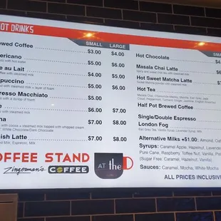 a menu for coffee