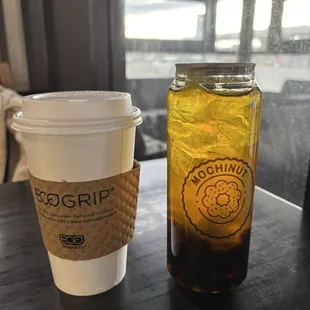 Dalgona latte and mango peach tea